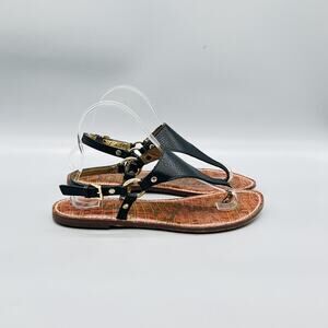 Sam Edelman Sandals Women 8 Black Leather Slingback Thong Ankle Strap Flat Shoes